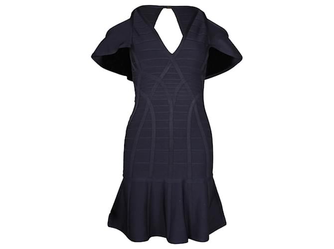 Herve Leger Flared Bandage Mini Dress in Navy Blue Rayon Cellulose fibre  ref.887279