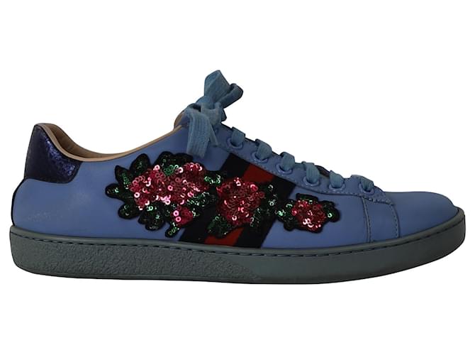 Gucci Baskets Ace Floral en Cuir Bleu  ref.887349