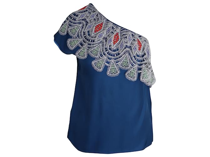 Peter Pilotto One Shoulder Embroidered Top in Blue Viscose Cellulose fibre  ref.887442