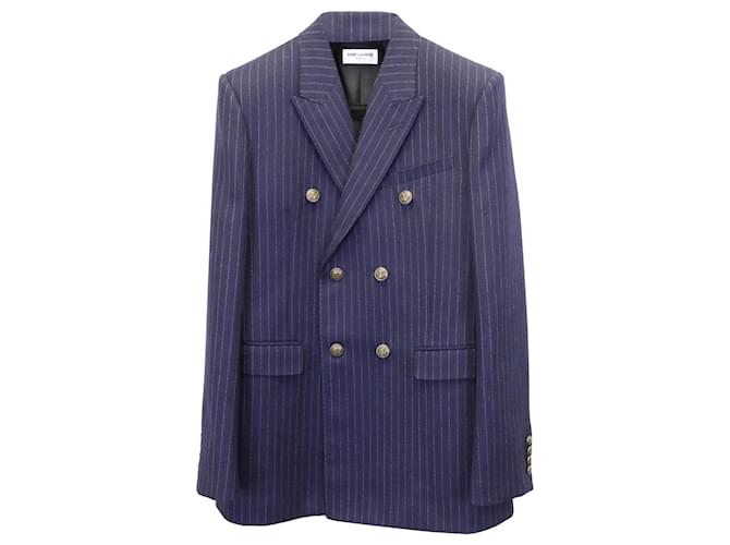 Saint Laurent Double Breasted Striped Jacket in Navy Blue Wool  ref.887445