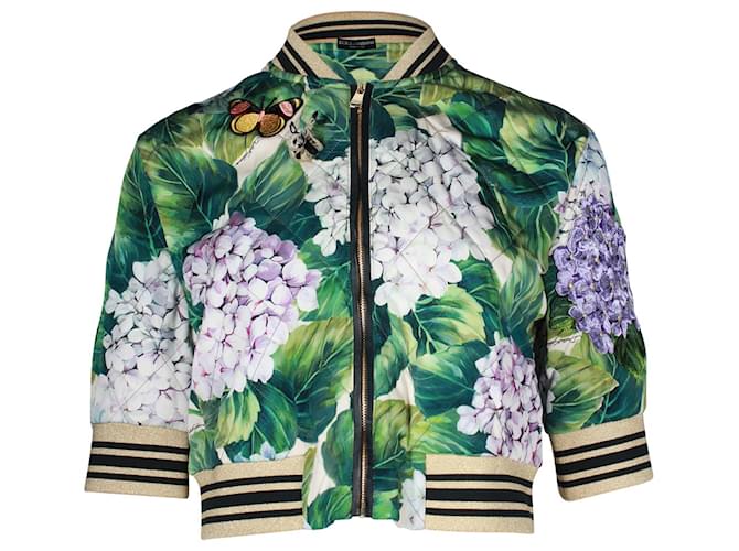 Dolce & Gabbana Blouson Bomber à Imprimé Hortensia en Soie Verte  ref.887460