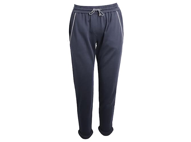 Brunello Cucinelli Pantalones de chándal cónicos con cordón en algodón azul marino  ref.887491