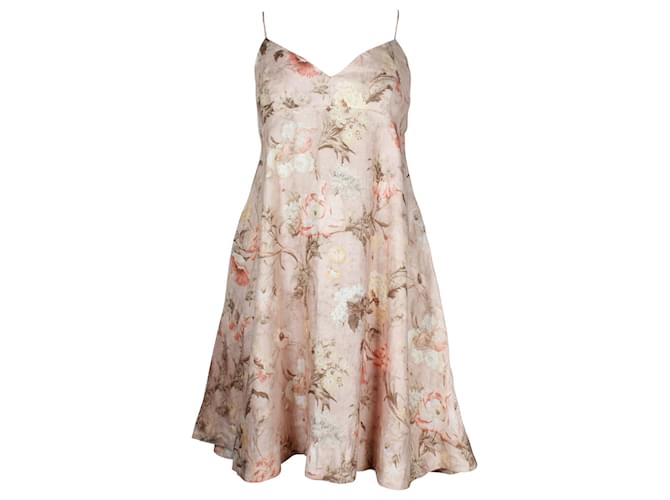 Zimmermann Low Back Mini Dress in Floral Beige Linen  ref.887501