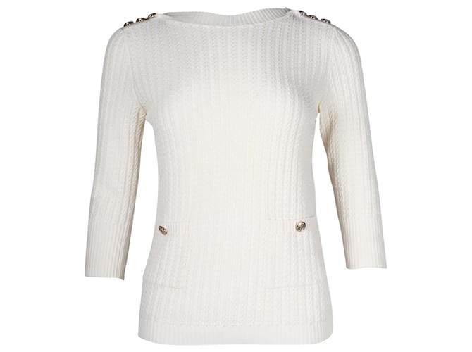Chanel 2018 Gerippter Pullover „Paris-Hamburg“ aus cremefarbenem Baumwollstrick Weiß Roh Baumwolle  ref.887502
