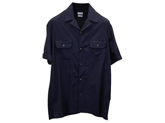 Brunello Cucinelli Camisa de sarga con cuello de campana en algodón azul marino  ref.887546