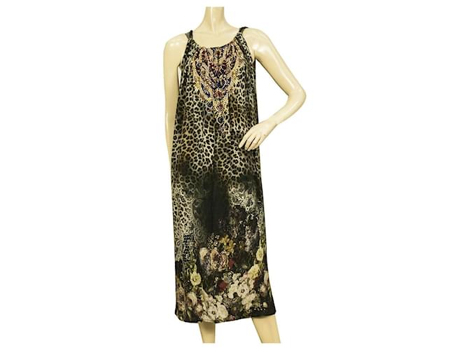 Vestido de verano a la rodilla sin mangas de seda con babero con cuentas de leopardo floral de Camilla Multicolor  ref.887592
