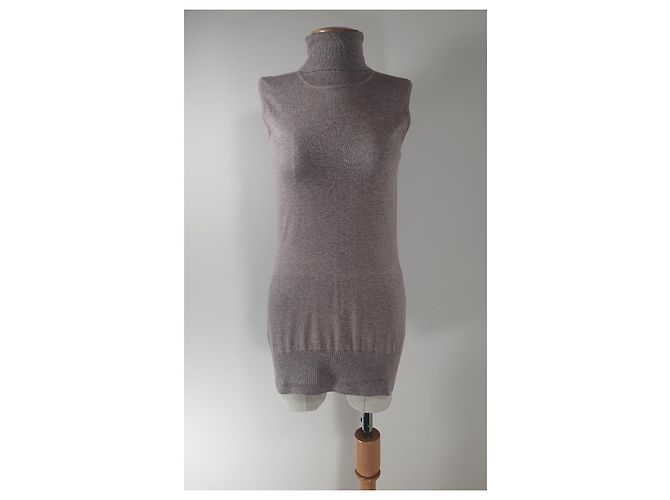 Autre Marque Tank Polo Pullover Kaschmir Seide Wolle Mischung Beige Grau