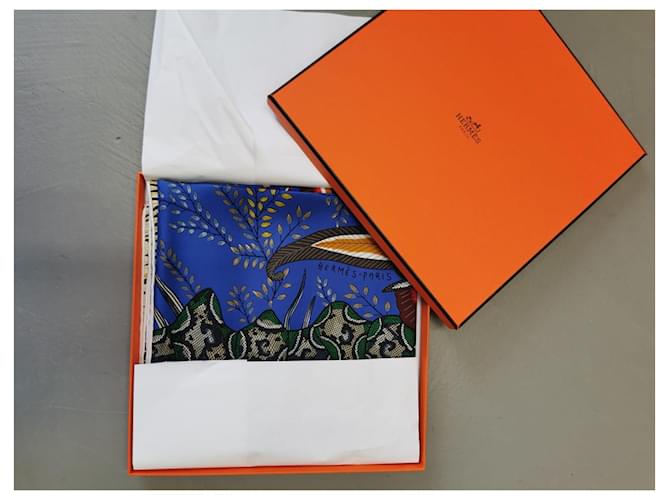 Hermès Lenço Hermes Flores da África do Sul 140 Verde Laranja Azul claro Seda  ref.888229