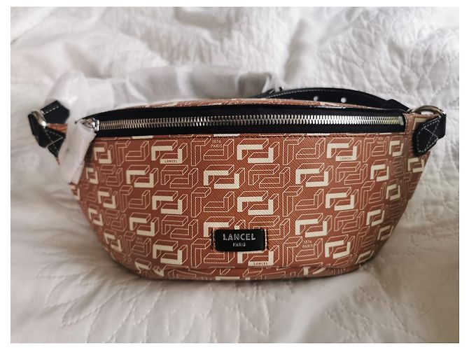 Lancel Camel Belt Bag Black Leather and Coated Canvas