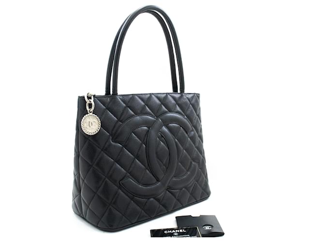 CHANEL Silver Medallion Caviar Shoulder Bag Grand Shopping Tote Black Leather  ref.888563