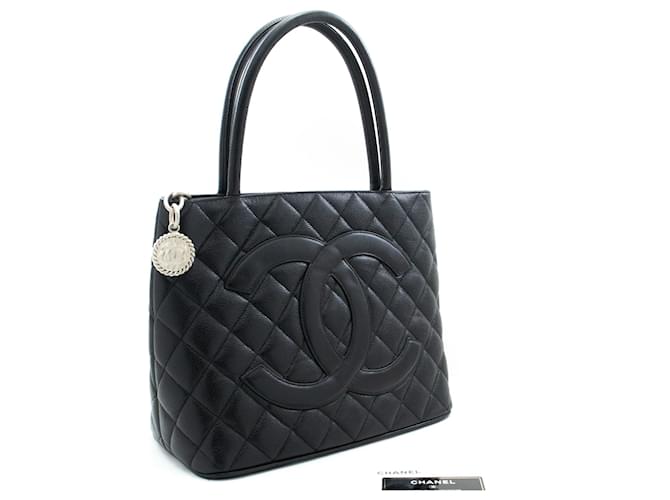 CHANEL Silver Medallion Caviar Shoulder Bag Grand Shopping Tote Black Leather  ref.888564