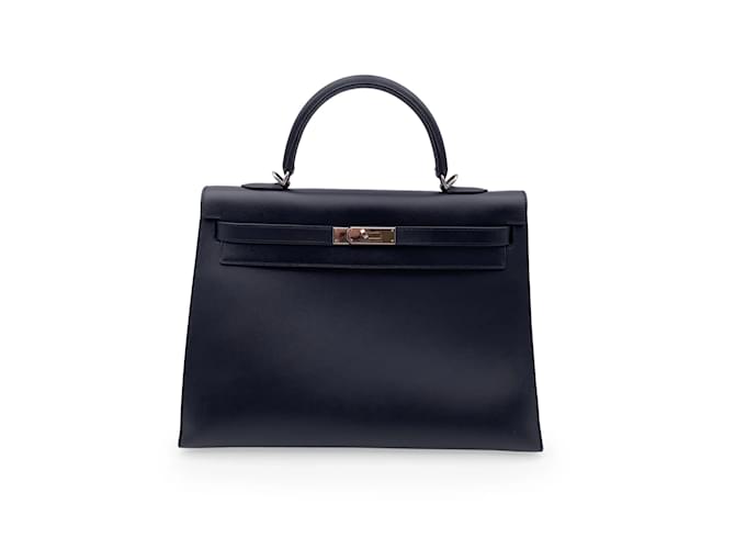 Hermès Hermes Black Box Piel De Becerro Kelly 35 Bolso de mano Sellier Negro Cuero  ref.888616