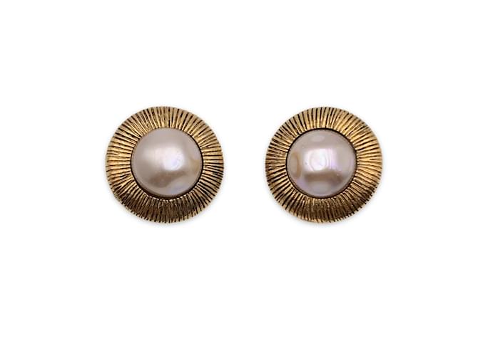 Chanel Vintage Gold Metal and Pearl Cabochon Round Clip On