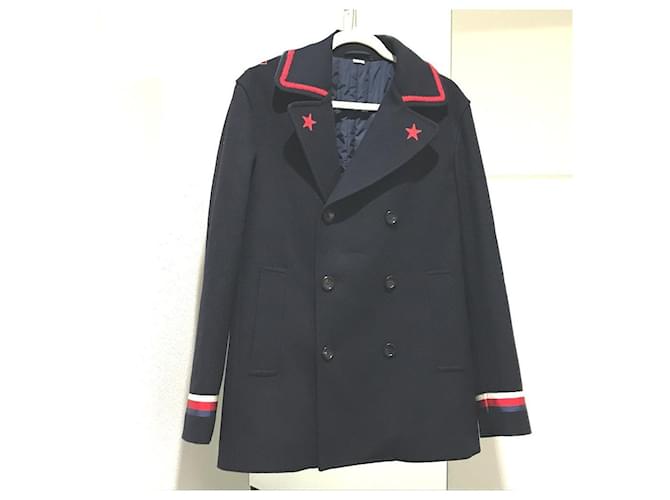 *GUCCI Gucci  Bicolor Silvy Web Ribbon Felt Jacket Pea Coat Wool Men's Navy Navy Navy blue  ref.888676