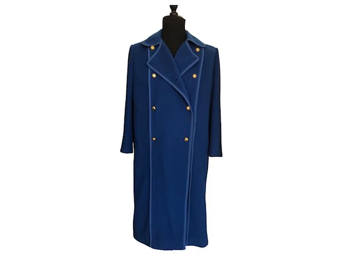 Vintage Chanel Boutique Langer blauer Mantel Seide Kaschmir Wolle  ref.888971