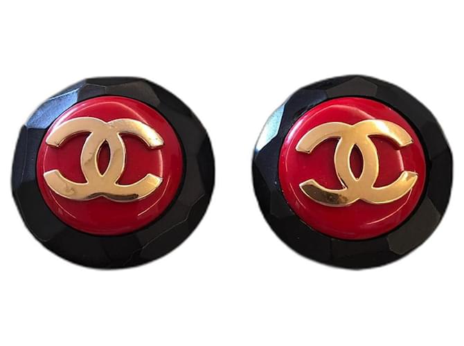 Chanel Collection 23 1980’s Oversized Clip on Earrings Red Black Gold Gold hardware Metal Plastic Gold-plated Acetate  ref.889000