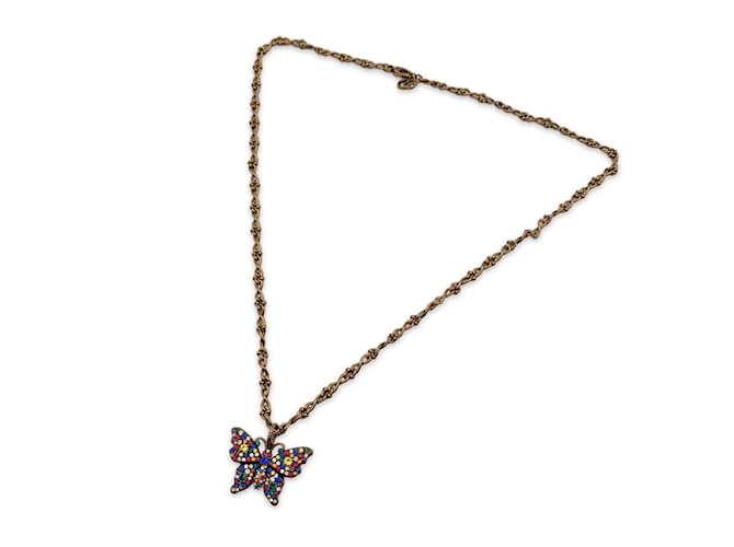 Gucci Aged Gold Metal Butterfly Necklace with Multicolor Crystal Multiple colors  ref.889249