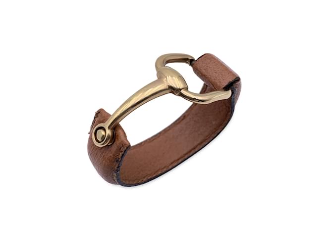 Gucci Pulseira vintage de couro marrom com punho e pulseira de ouro Horsebit Bege  ref.889250
