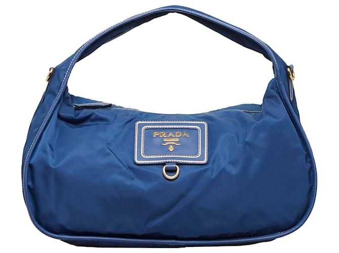 Saffiano Prada Blue Tessuto Logo Oro Satchel Leather Pony-style calfskin Nylon Cloth  ref.889835