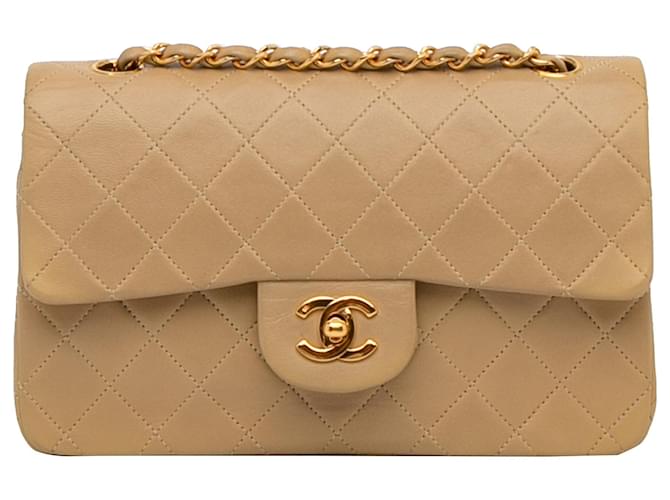 Chanel Brown Small Classic Lambskin Double Flap Beige Leather  ref.889847