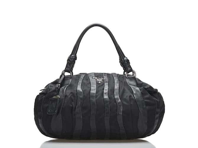 Prada Tessuto and Nappa Modore Stripes Handbag BL0538 Black Leather Pony-style calfskin  ref.889902