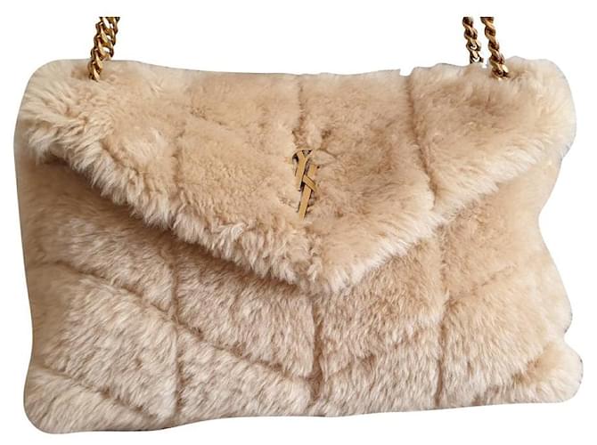 Saint Laurent Small Puffer Bag in Merino (Sheepskin Sheepskin/Woolen skin 100%) Beige Faux fur  ref.889027