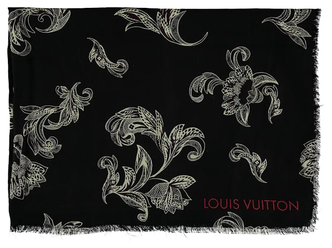 Lenço Louis Vuitton com estampa floral preto e branco Multicor Casimira Lã  ref.889190