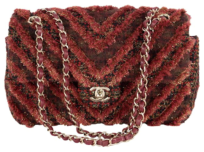 Bolsa Chanel Red Tweed com aba Vermelho Algodão  ref.889238
