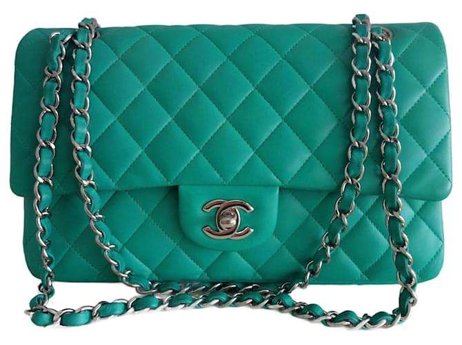 Chanel Iridescent Green Quilted Caviar Jumbo Classic Double Flap Pale Gold Hardware, 2019 (Like New), Womens Handbag