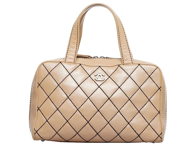 Chanel Brown CC Wild Stitch Handbag Beige Leather  ref.891167