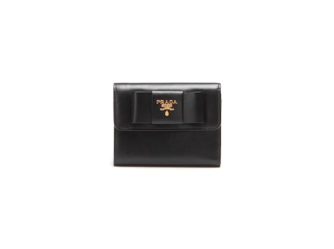 Prada Saffiano Bow Small Wallet Black Leather Pony-style calfskin  ref.891191 - Joli Closet
