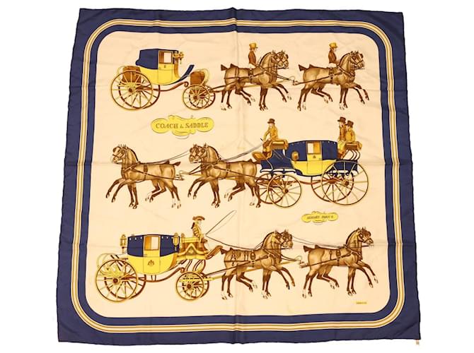 Hermès HERMES CARRE 90 COACH�•SADDLE Scarf White Navy Auth ar9254 Navy blue Silk  ref.891380