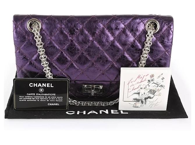 Chanel pequena reedição roxa metálica Roxo Metálico Couro  ref.891477