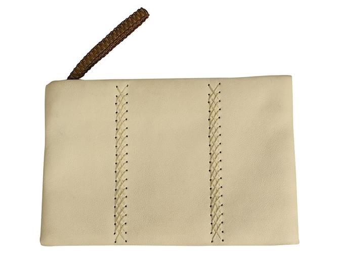 Autre Marque Callista Crafts Clutch-Handtasche aus cremefarbenem Leder mit brauner geflochtener Handgelenkschlaufe Weiß  ref.891521