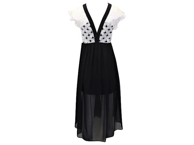 Sandro Paris Lace Trim Midi Dress in Black and White Polyester  ref.891632