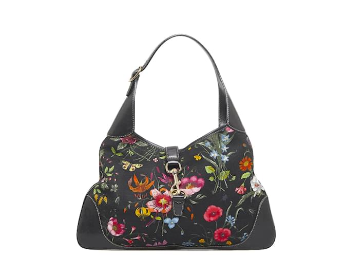Gucci Canvas & Leather Jackie O Bouvier Floral Hobo Bag 153029 Black Cloth Pony-style calfskin  ref.891696