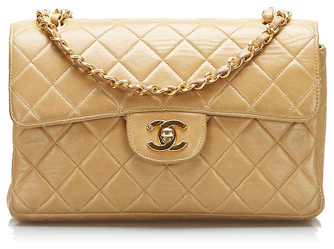 Chanel Brown Small Classic Lambskin lined Flap Beige Leather  ref.892344