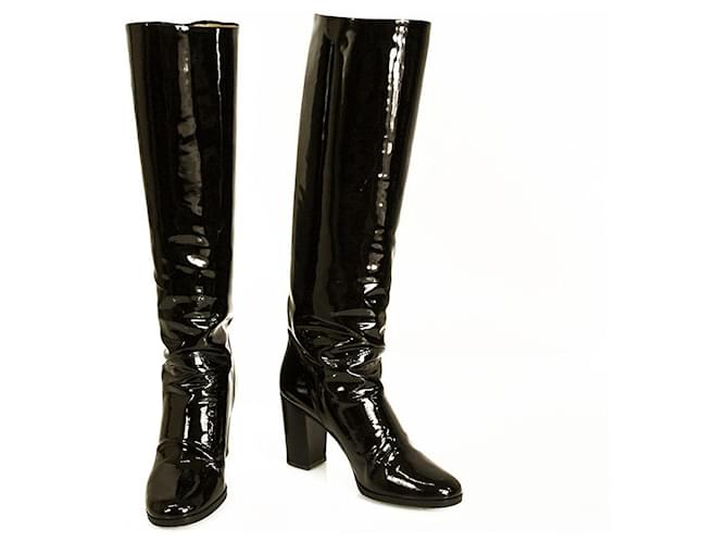 Chanel Black Patent Leather Knee Height Boots High Heels Shoes