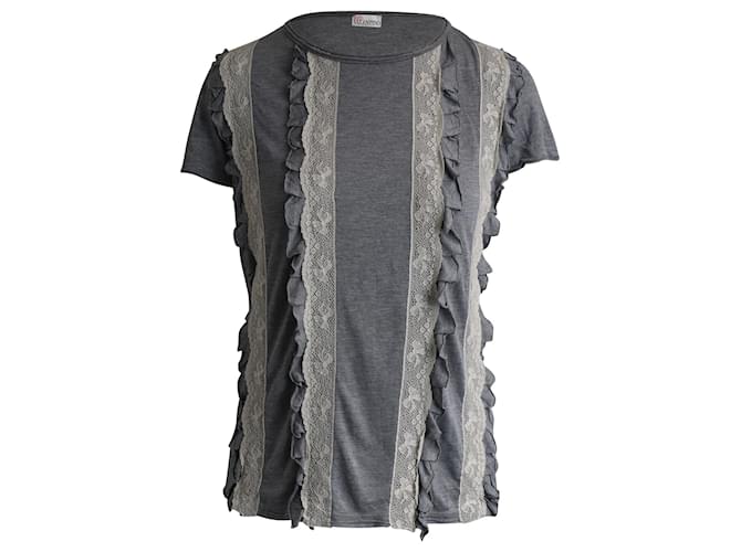 Red Valentino Lace Trimmed T-shirt in Grey Cotton  ref.893563