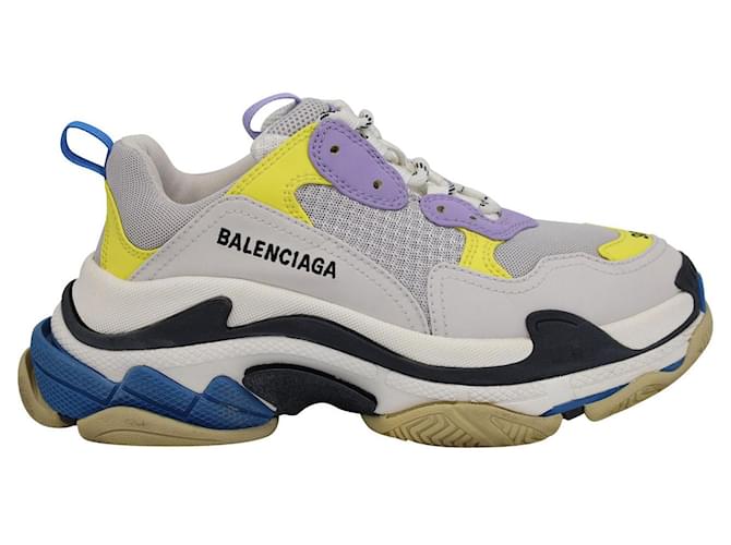 Balenciaga Baskets Triple S En Blanc, Maille Et Cuir Violet Et Jaune Multicolore  ref.893593