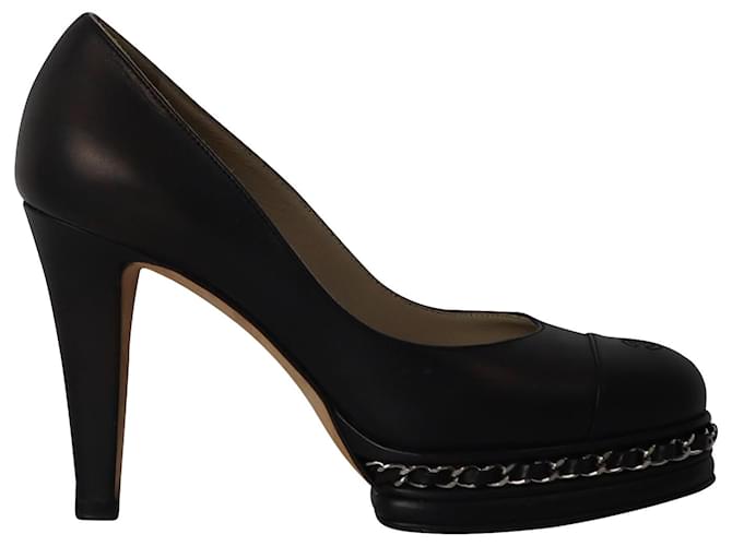 Chanel CC Sapatos de plataforma com detalhe de corrente em couro preto  ref.893629