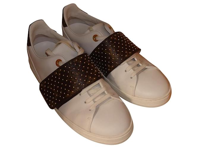 Louis Vuitton Frontrow White/Brown Studded Leather Sneaker 37.5 US