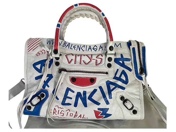 Borsa Balenciaga City in pelle bianca con graffiti rosso e blu Bianco