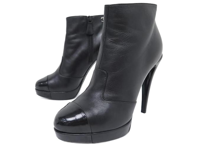 CHANEL G SHOES27830 HEEL ANKLE BOOTS 38.5 BLACK LEATHER LOW BOOTS LOGO CC  ref.894578
