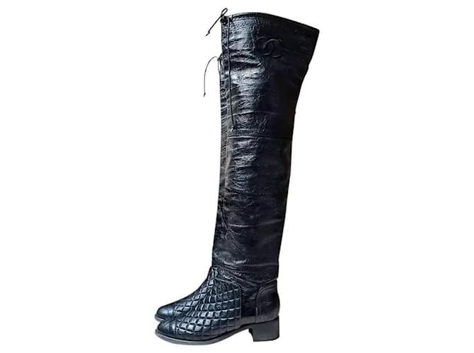 Chanel CC Logo Over The Knee Black Leather Boot Size 40 US 10 UK 7  ref.894856