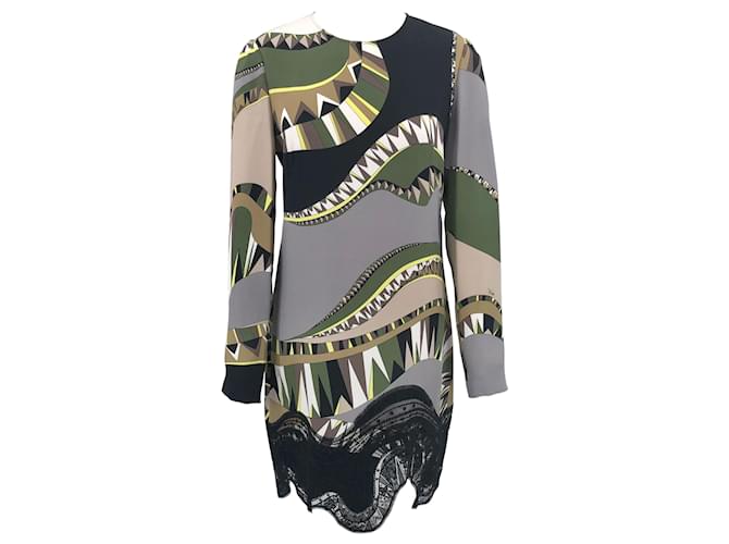 Misc Emilio Pucci Emilio Pucci Dress in Green, Yellow & Grey Silk Blend with Black Lace Trim