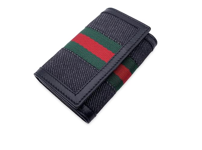 Gucci Toile denim noire et bande Web en cuir 6 Pochette porte-clés  ref.895816
