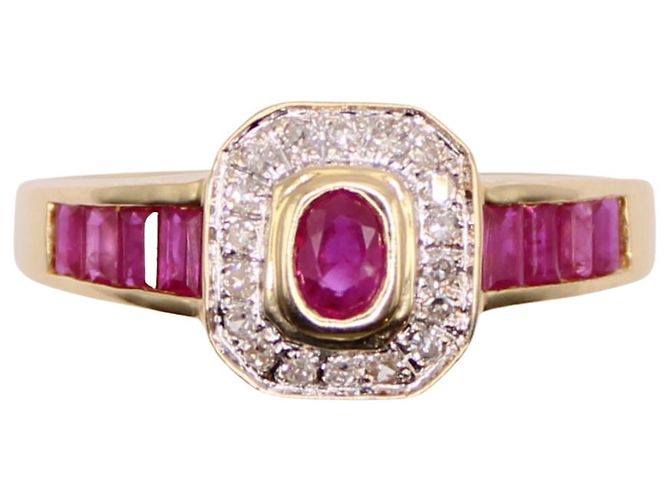 Autre Marque Octagonal ruby and diamond ring in yellow gold 18 carats Red Gold hardware