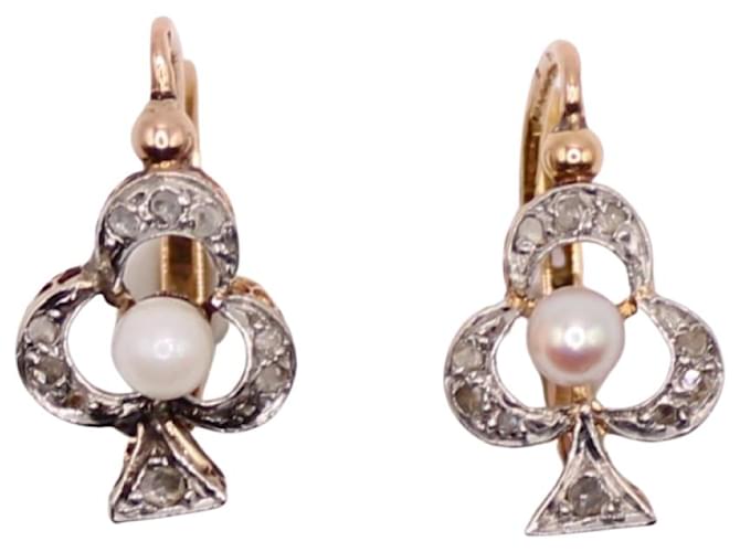 Autre Marque Dormeuses époque Art Nouveau forme trèfle diamants et perles fines Or jaune Bijouterie dorée  ref.897785