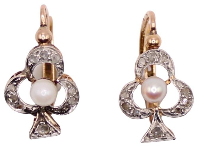 Autre Marque Brincos Art Nouveau em forma de trevo com diamantes e pérolas finas Gold hardware